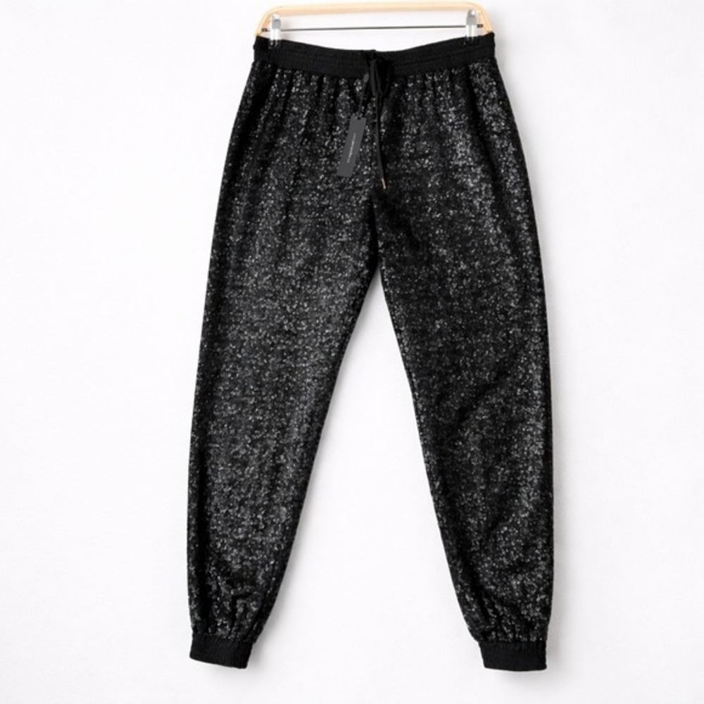 Peony and Me Sequin Jogger Pants‎ Women Size M Black Caviar Party Glam Disco NWT